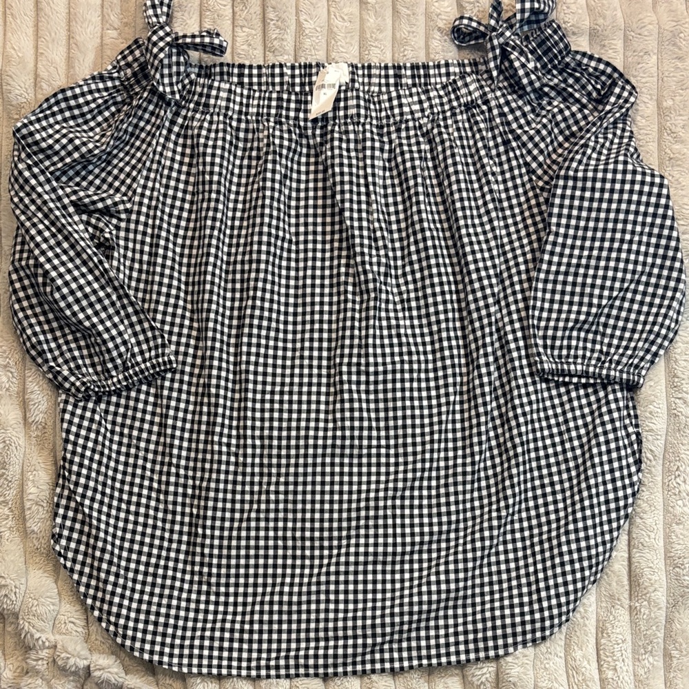 GAP Black and White Gingham Off-Shoulder Tie-Strap Blouse